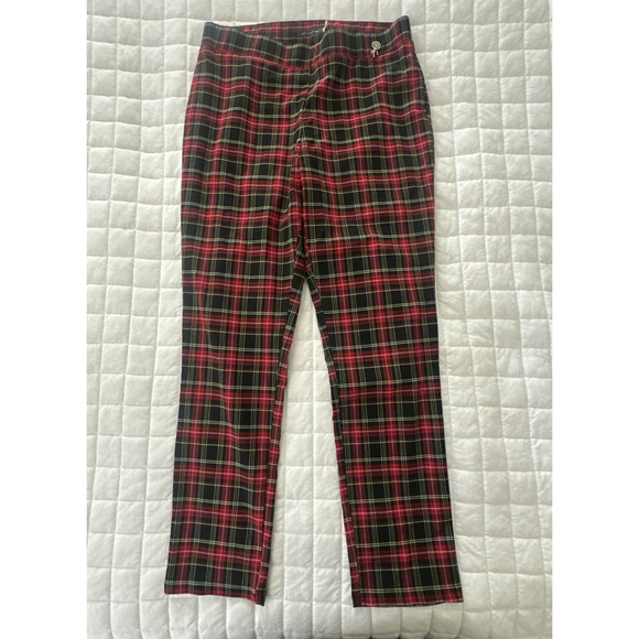 TOMMY HILFIGER Womens Pants 12 Red Tartan Plaid Pull On Stretch Slim Fit Preppy - Picture 1 of 14